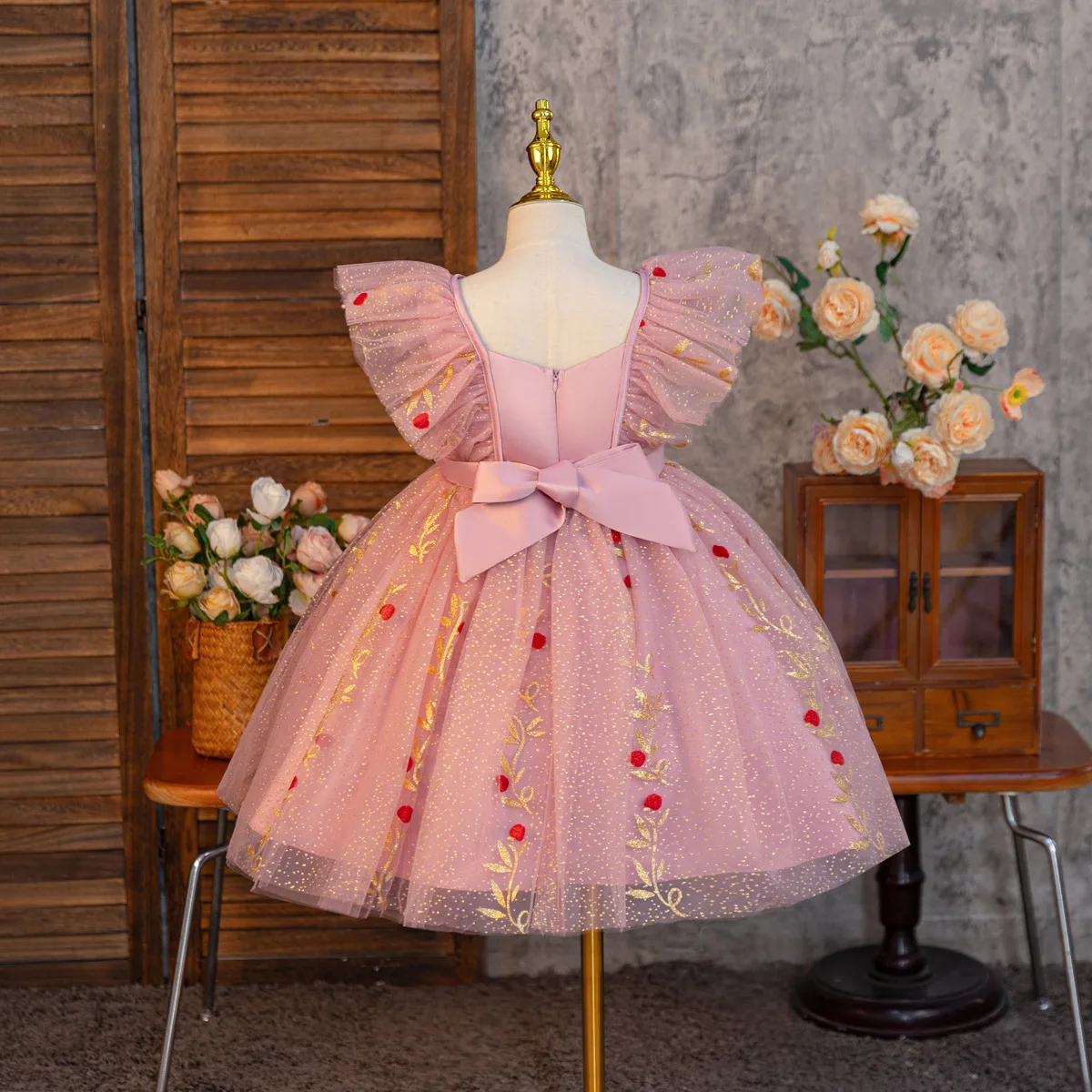 صيف جديد شعبية شبكة مطبوعة فستان السنة الجديدة شبكة نفخة فستان كبير تحلق كم فتاة الأميرة تنورة