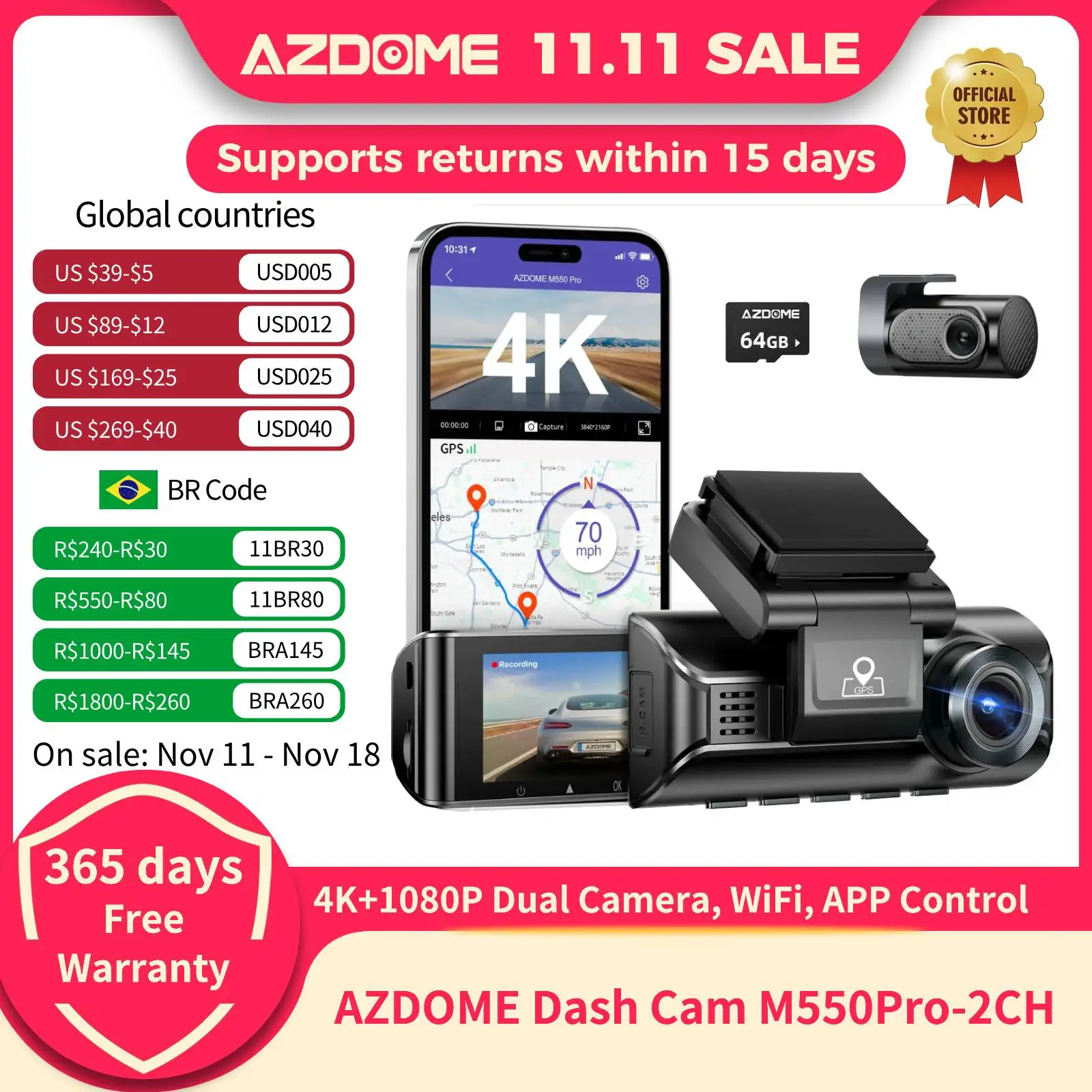 AZDOME M550Pro-2CH Dash Cam 4K Front + 1080 RearCam Car DVR Dual Camera Bulit-in WiFi Car Recorders IR Night Vision APP Control