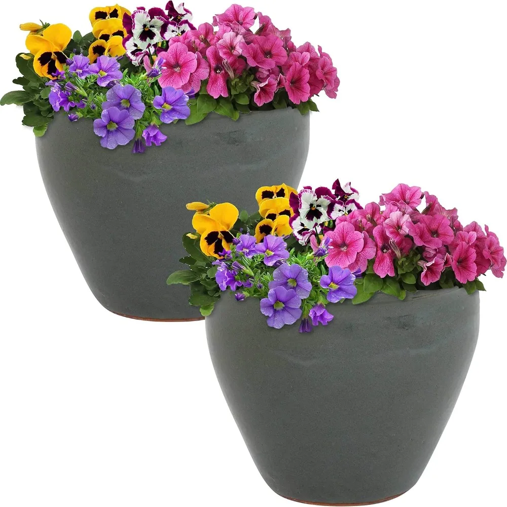 

Chalet Ceramic Flower Pot Planter with Drainage Holes - Set of 2 - High-Fired Glazed UV and Frost-Resistant Finish - Outdoor