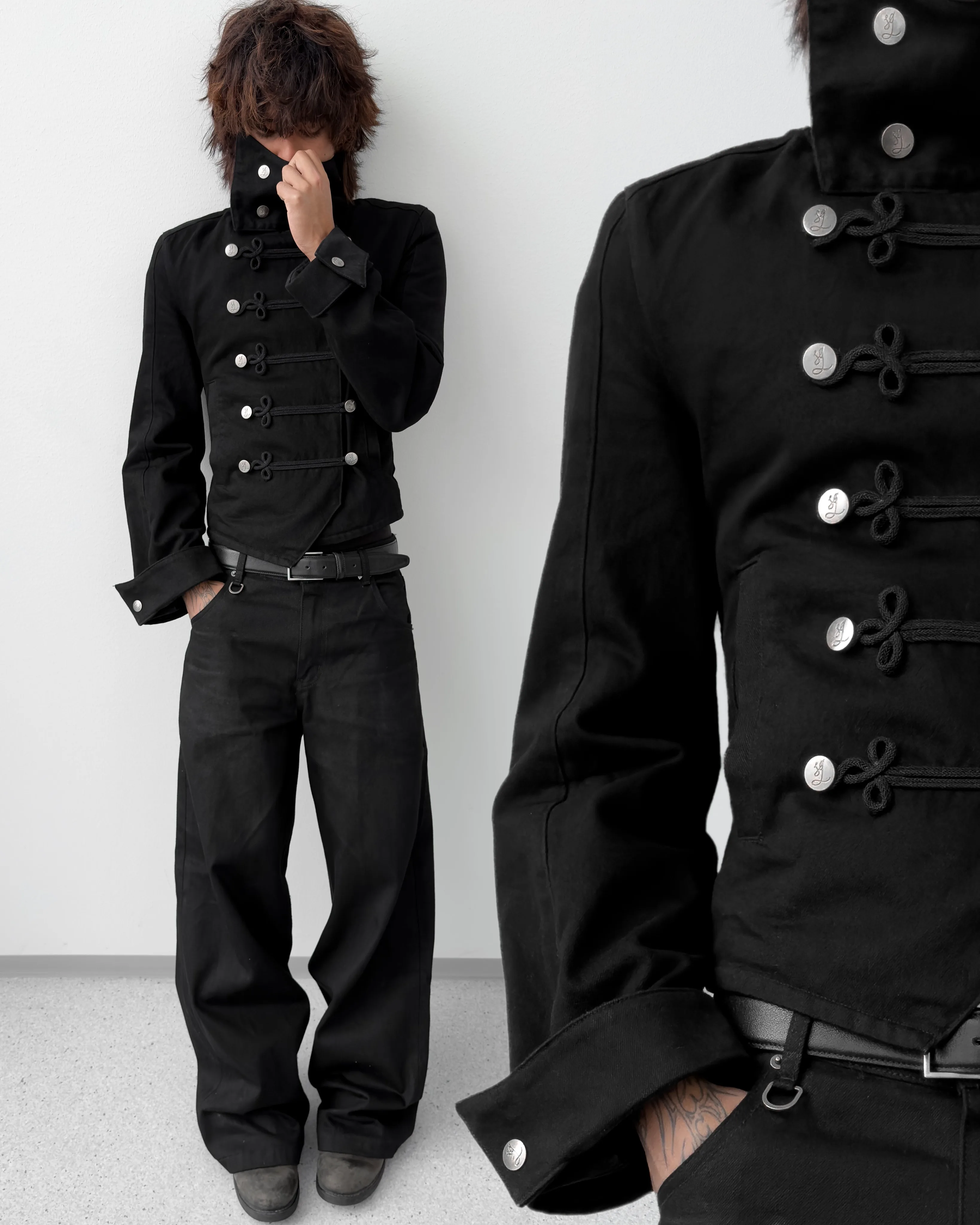 Y2k Retro Napoleon Jacket Men Women Gothic Rope Embroidery Jacket High Street Subculture Streetwear Unisex Canvas Cotton Coat