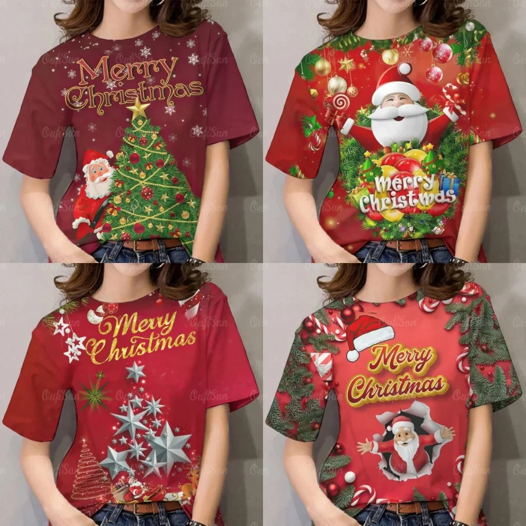

Women's Christmas T-Shirt 2026 - Tree & Santa Design, 3D Printed Full Sublimation