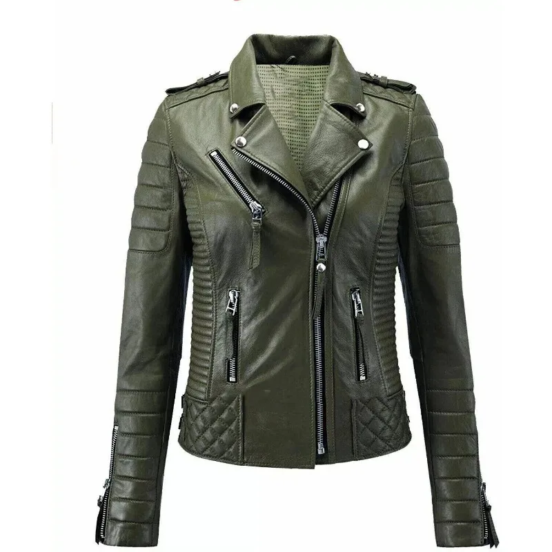 

Women's Silver Hardware 100% Lambskin Quilted Leather Jacket Green Stylish