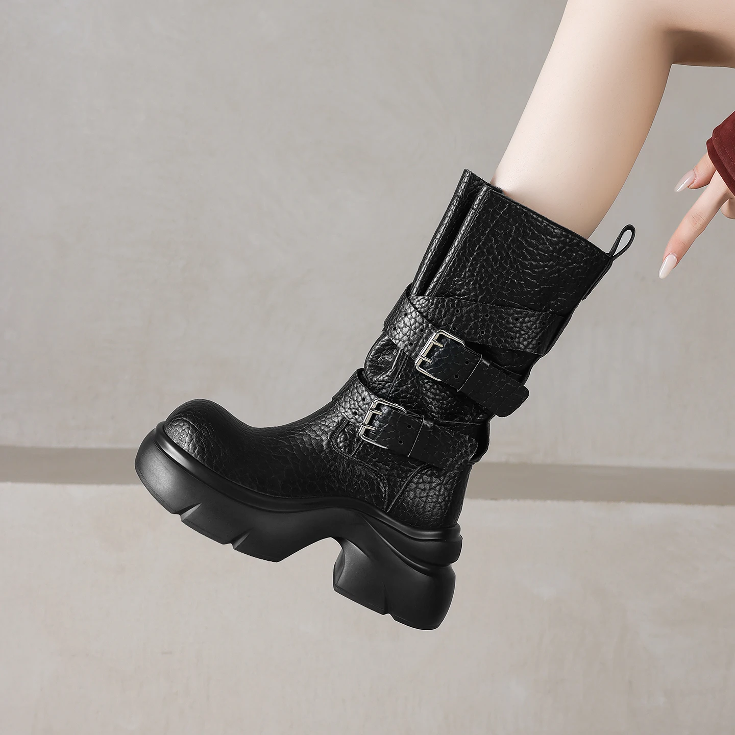 جلد طبيعي أحذية رعاة البقر الغربية أحذية الكاحل ، حزام مشبك كتلة أحذية امرأة ، أحذية فارس ، الأحذية الحديثة ، الجوارب فاسق مكتنزة #3