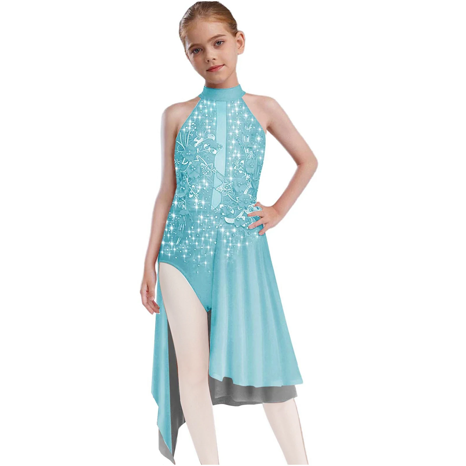 

Kids Girls Ballet Lyrical Dance Dress Gymnastics Skirted Leotard Applique Figure Skating Modern Contemporary Dance Stage Costume