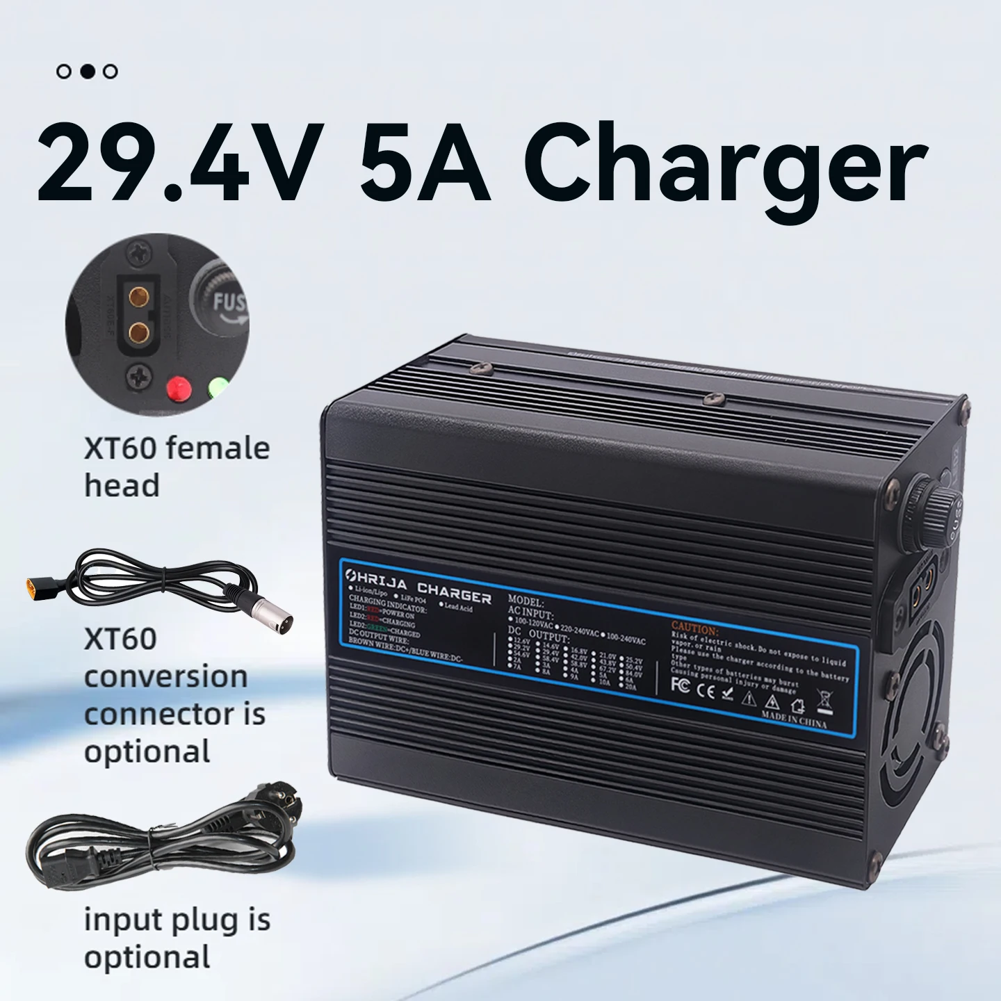 29.4V 5A Li-ion charger quick aluminum shell suitable 7S 25.9V & Interchangeable Connector Fast stabilization with cooling fan