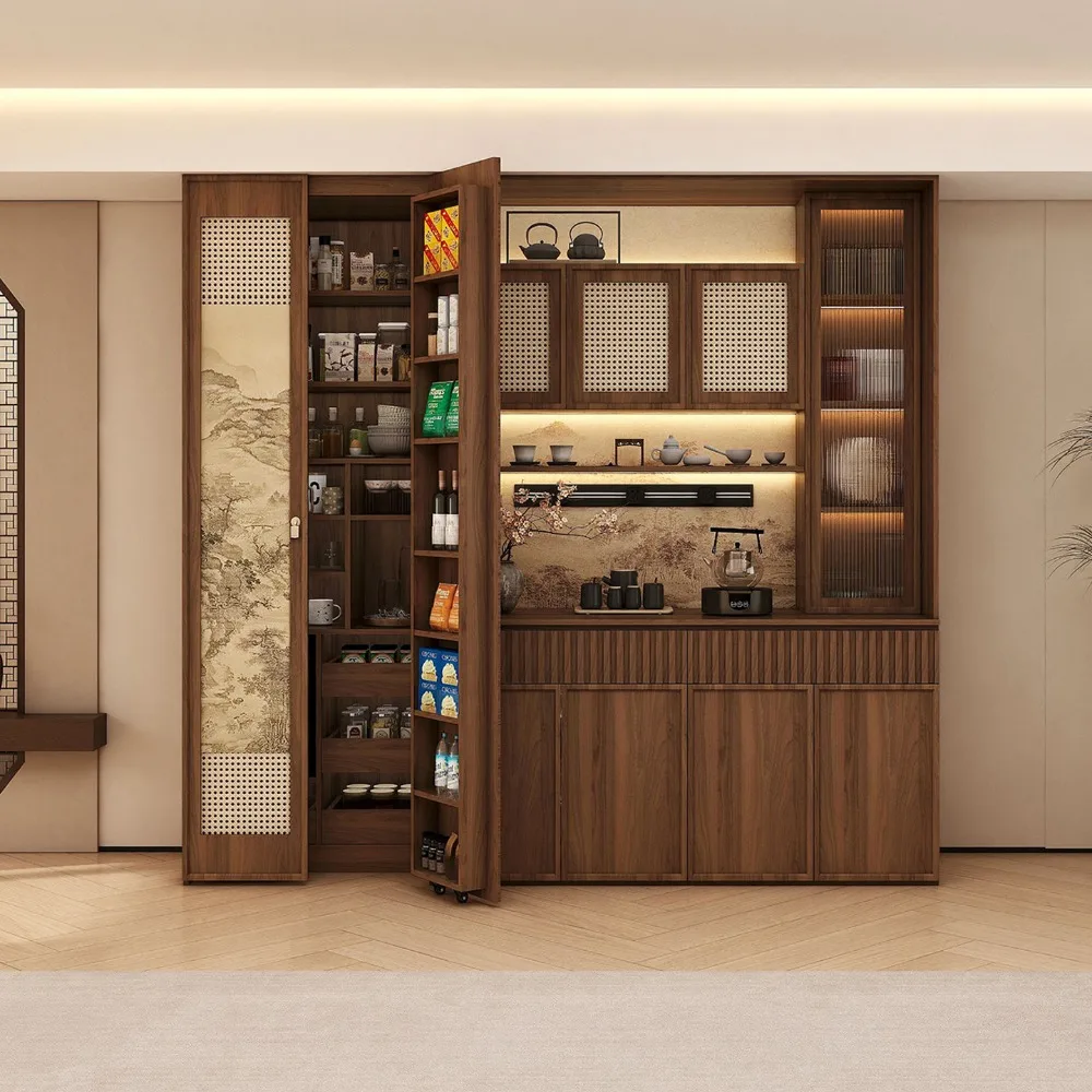 Multifunctional Tea & Wine Cabinet Modern Oriental Wooden Storage Unit Customizable Floor-to-Ceiling Buffet for Living Room