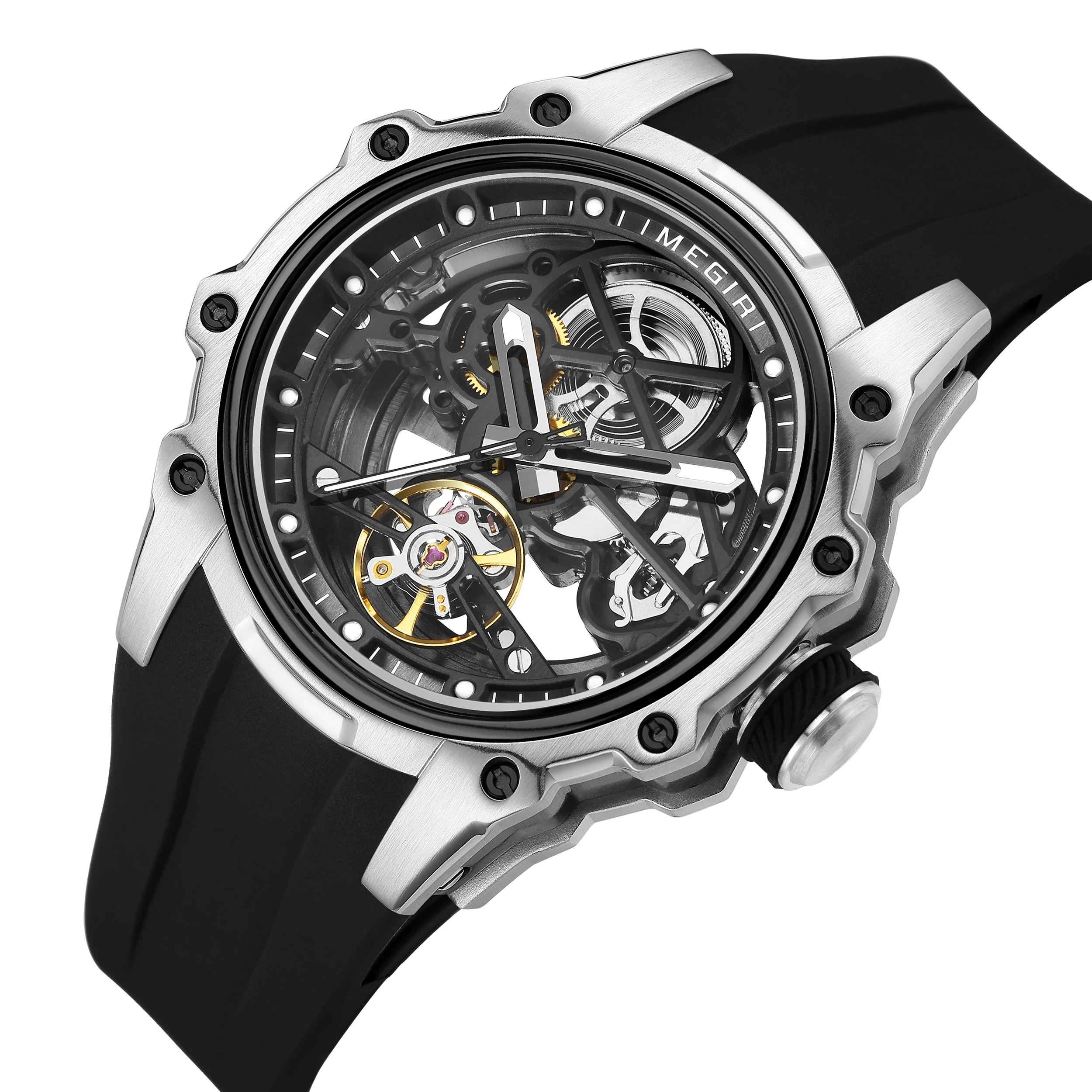 MEGIR 2243 Skeleton Dial Automatic Mechanical Watch Stainless Steel Case Waterproof Luminous Sport Wristwatch with Silicone Stra