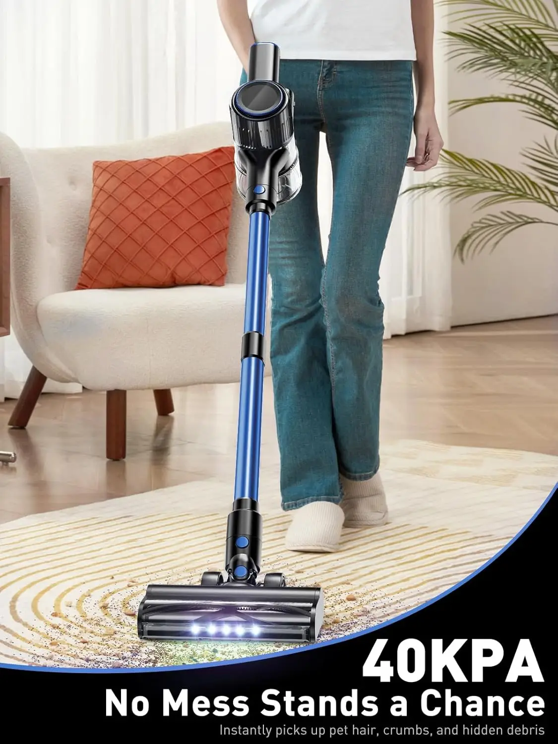 مكنسة كهربائية لاسلكية، مكنسة كهربائية 8 في 1 مع شفط قوي 40 كيلو باسكال، مكانس كهربائية خفيفة الوزن وقت التشغيل 45 دقيقة للمنزل