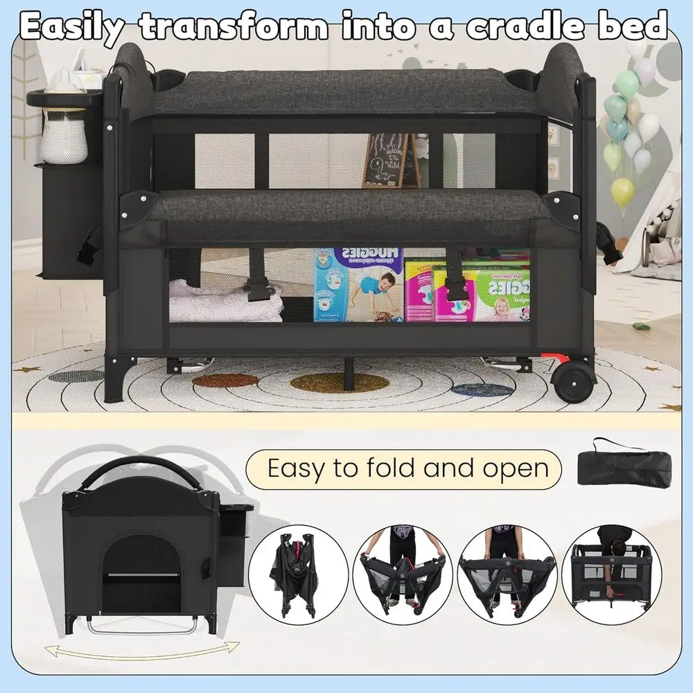سرير أطفال قابل للتحويل 5 في 1 باللون الأسود مع أرجوحة وسرير أطفال ومبدل وشبكة ناموسية ولعبة
