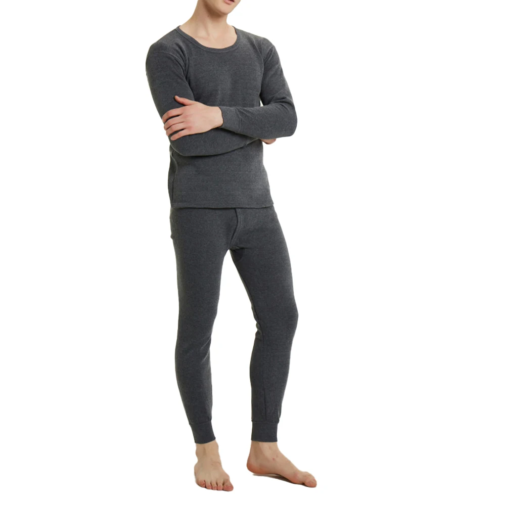 

Men's Thermal Long Johns Pajama Set O neck Bottoming Shirt Solid Color Perfect for Autumn and Winter Black & Gray