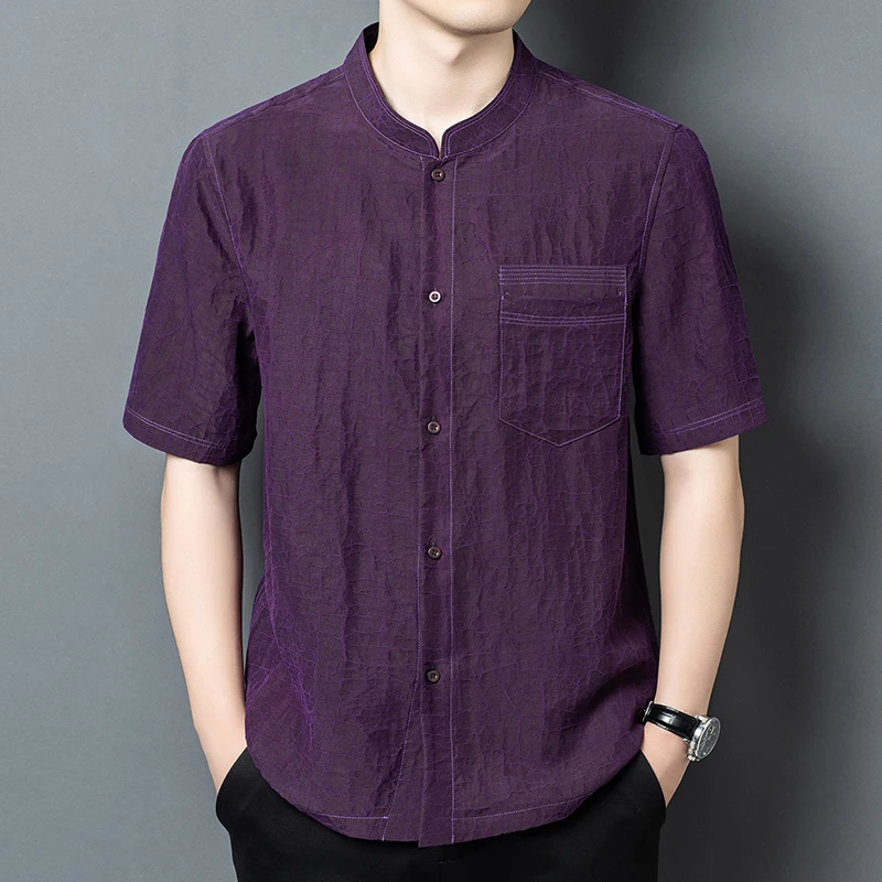 Reversible Shirts For Men Luxury Short Sleeve Tang Costume Satin Summer Quality Mud Silk 100% Oversized Pocket Camisas De Hombre