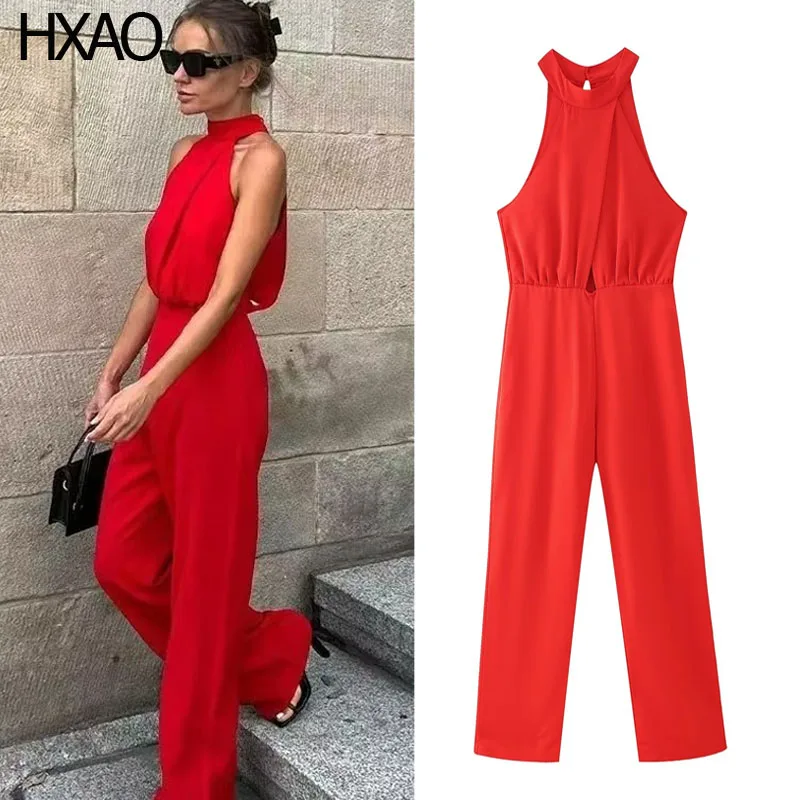 

HXAO Summer Jumpsuit Women Halter neck Sleeveless Long Jumpsuit Trousers Female wide leg Pants Elegant Office Ladies Jump Suit