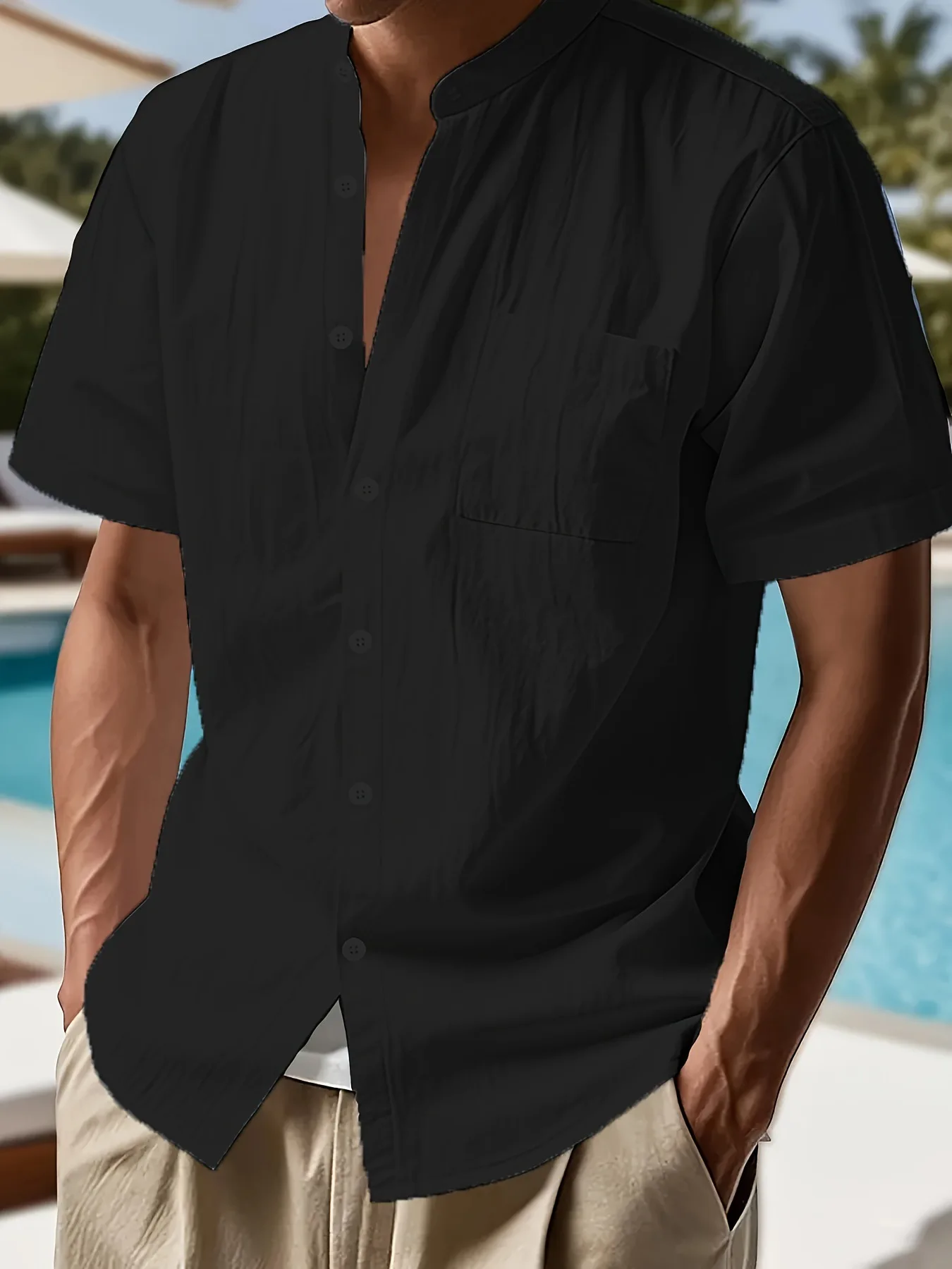 2025 European and American casual Henry collar button-down men's summer Hawaiian short-sleeved plain-colored shirt