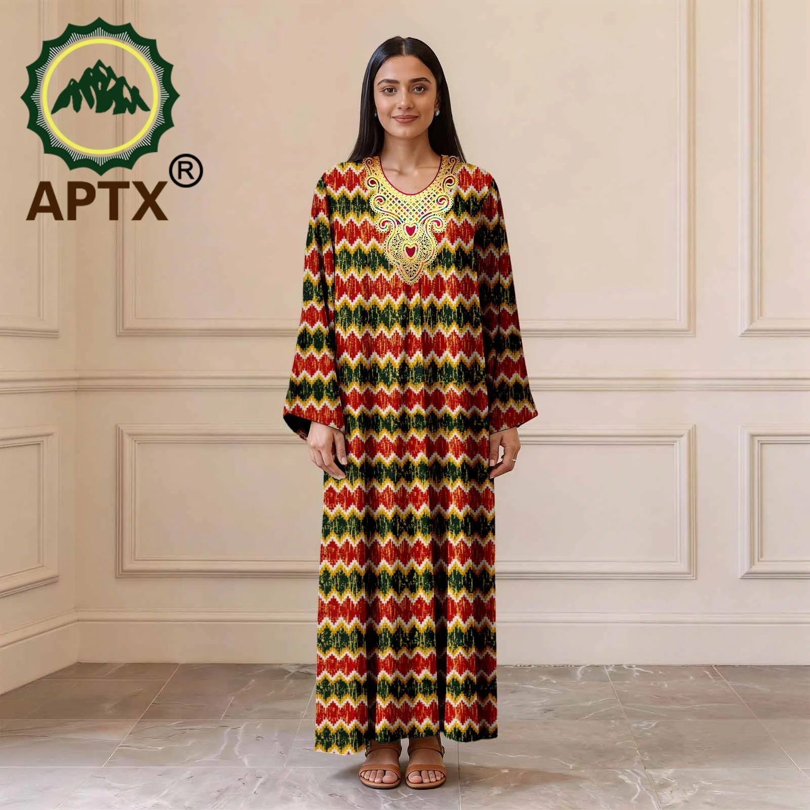 African Ankara Print Women Long Kaftan Dress All Over Golden Pattern Embroidery Neck Loose Fit Casual Party Dashiki Robe 2622002