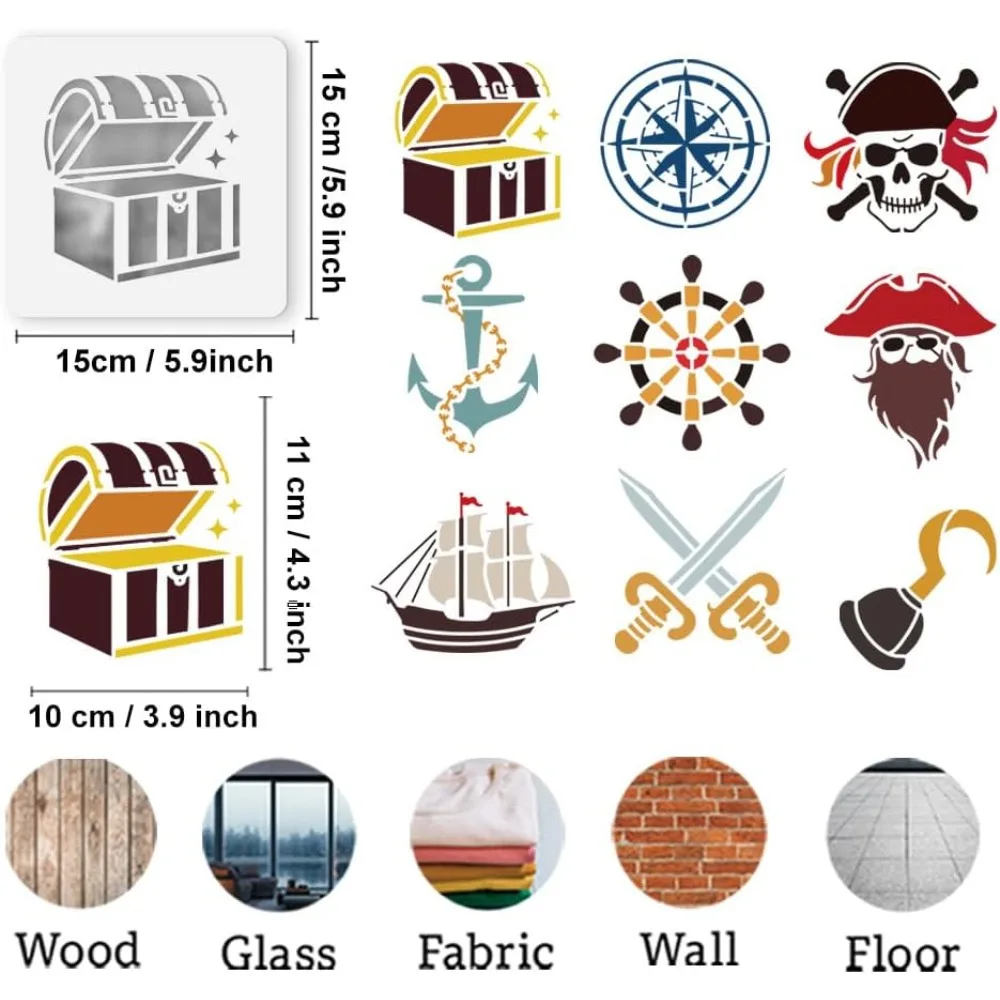 9Pcs Pirate Theme Stencils for Painting 5.9