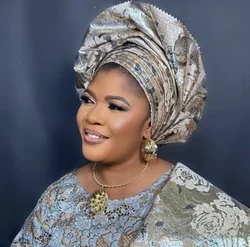 High Grade African Gold Line Hair Tie 2024 African 3D Sego Headtie Gele For Women Hat Turban 2PCS Headband Wrapper Fabrics