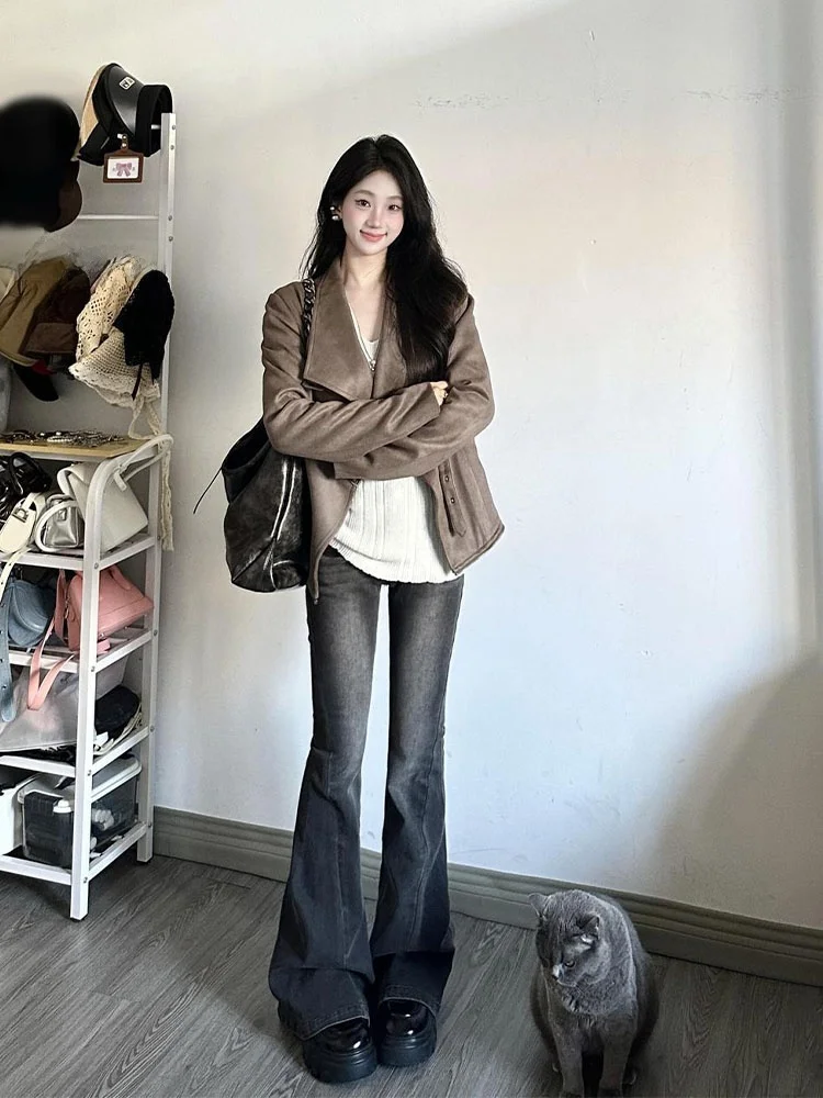 Retro americano camurça motocicleta jaet feminino primavera outono novo design gola grande elegância cintura cinch ort casaco