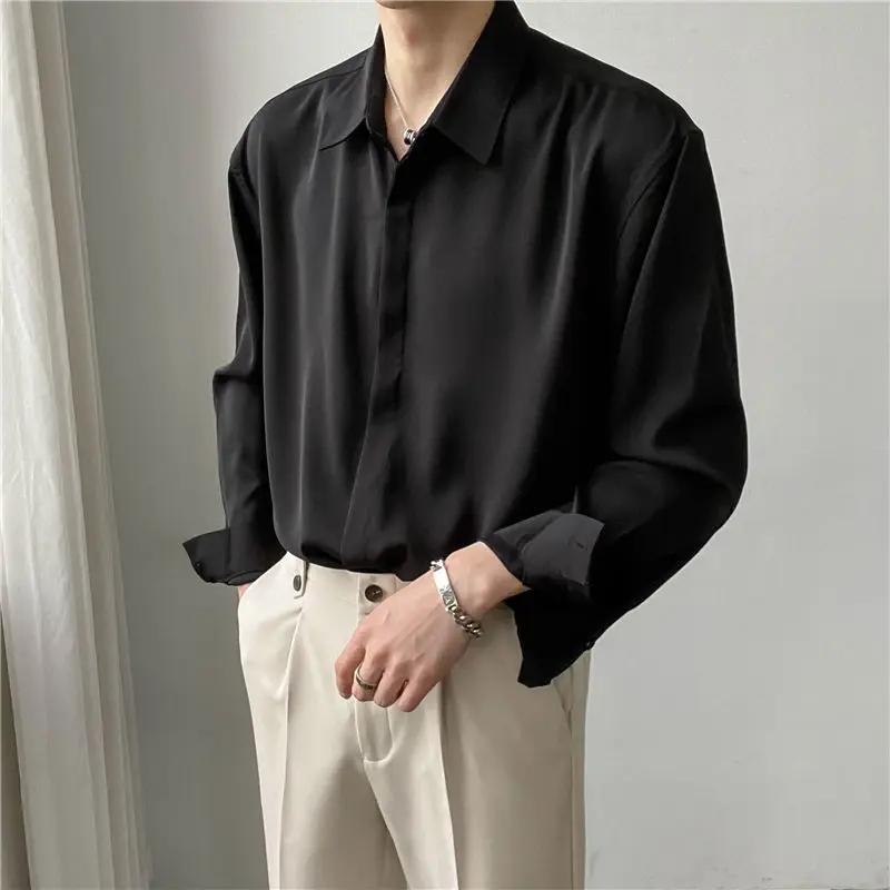 Luxury Ice Silk Men\'s Shirt Korean Fashion Loose Drape Solid Color Button Up Shirt Men Long Leeve Spring Business Casual Blouse