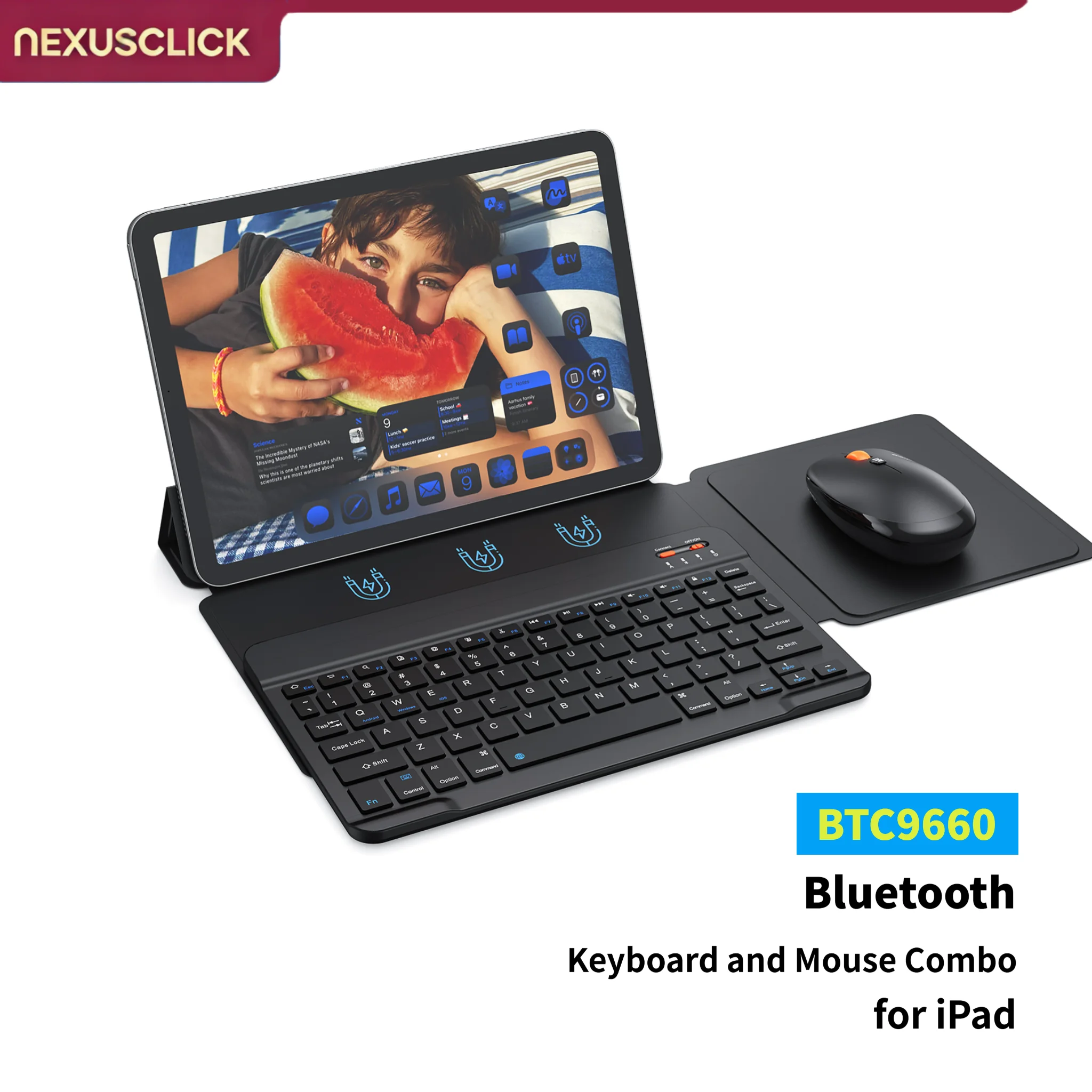 NexusClick Magnetic Foldable Slim Bluetooth Keyboard Mouse Combo,Type-C Fast Charge Silent 3 DPI Mice Multi System Keyboard Set