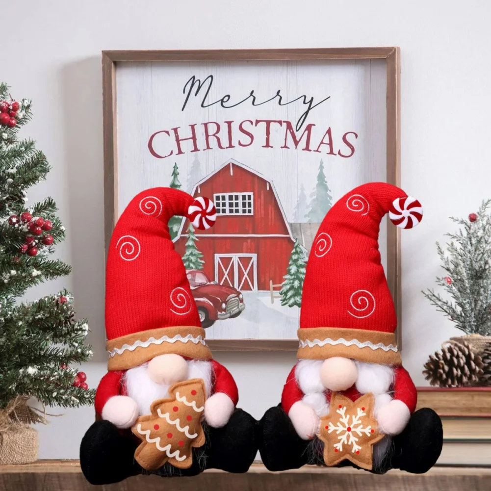 Christmas Gingerbread Man Gnomes Plush Doll Sets 2Pcs Handmade Stuffed Swedish Tomte Gnome Ornament Tiered Tray Decor for Home