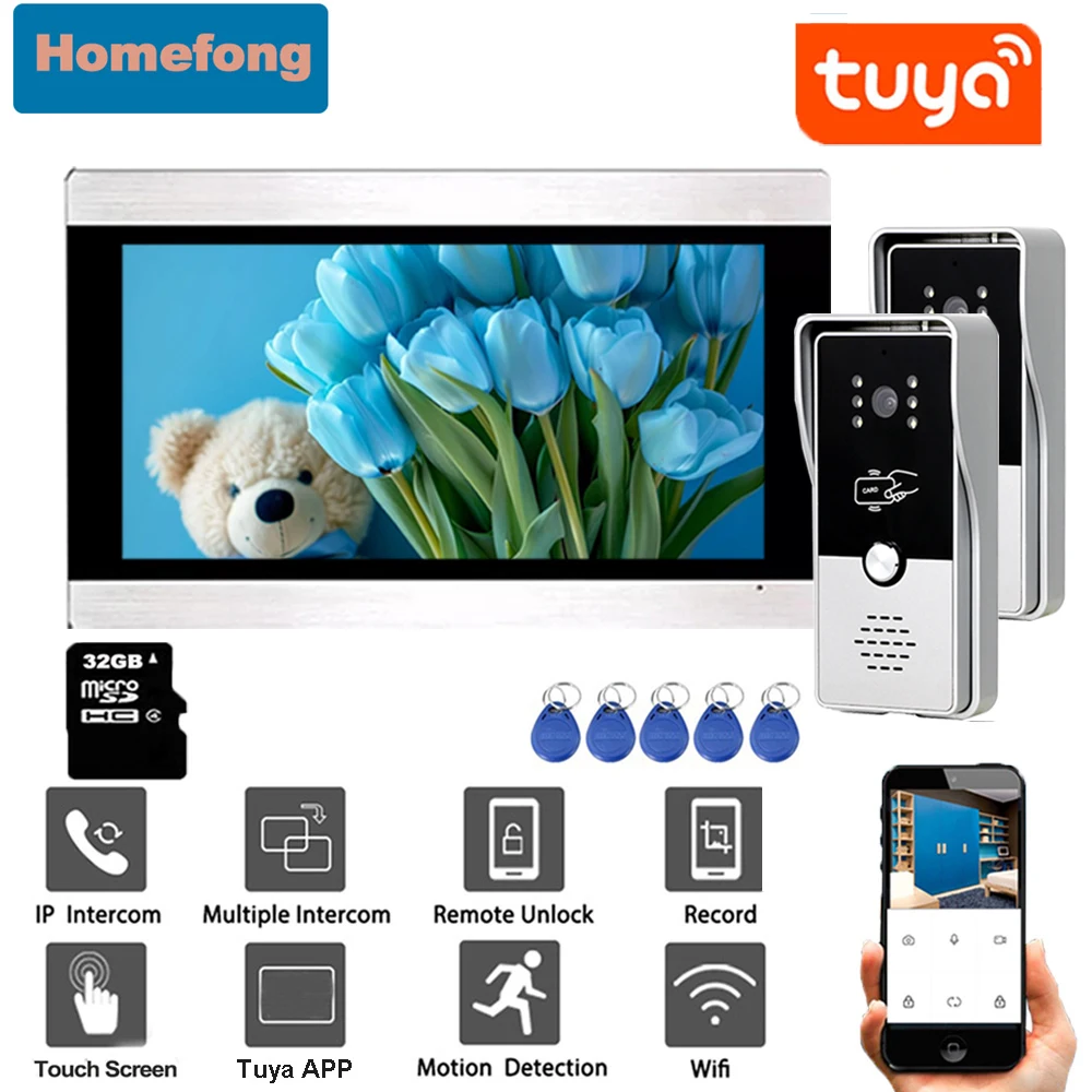 Homefong  1080p Wifi Video Door Phone Intercom Entry System Wireless Smart Home Security Doorbell Camera for Home 7 Inch  Call