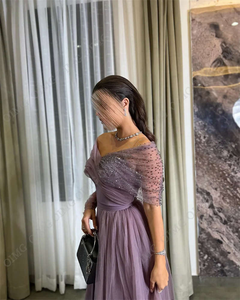 OIMG Dusty Purple Off The Shoulder Women Evening Party Dresses Shiny Floor Length A Line Arabic Female Prom Gown New 2023