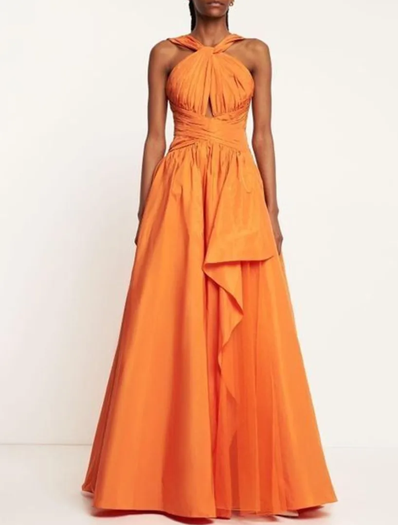 Vestidos de noite longos laranja vintage com bolsos evasê فسات İudenНaté o chão vestido de baile plissado para mulheres