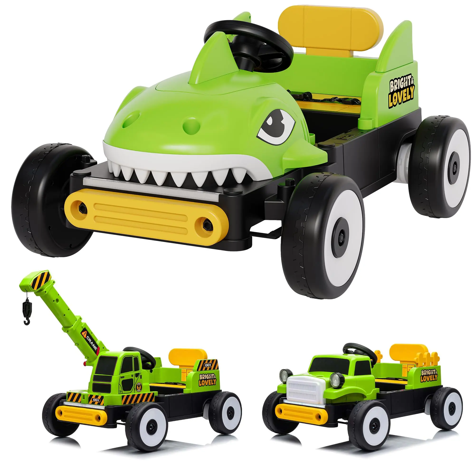 3-in-1 12V Battery Powered Electric Ride-On Truck With Interchangeable Front Covers, Dual 35W Motors, Parent Remote Control, LED Lights