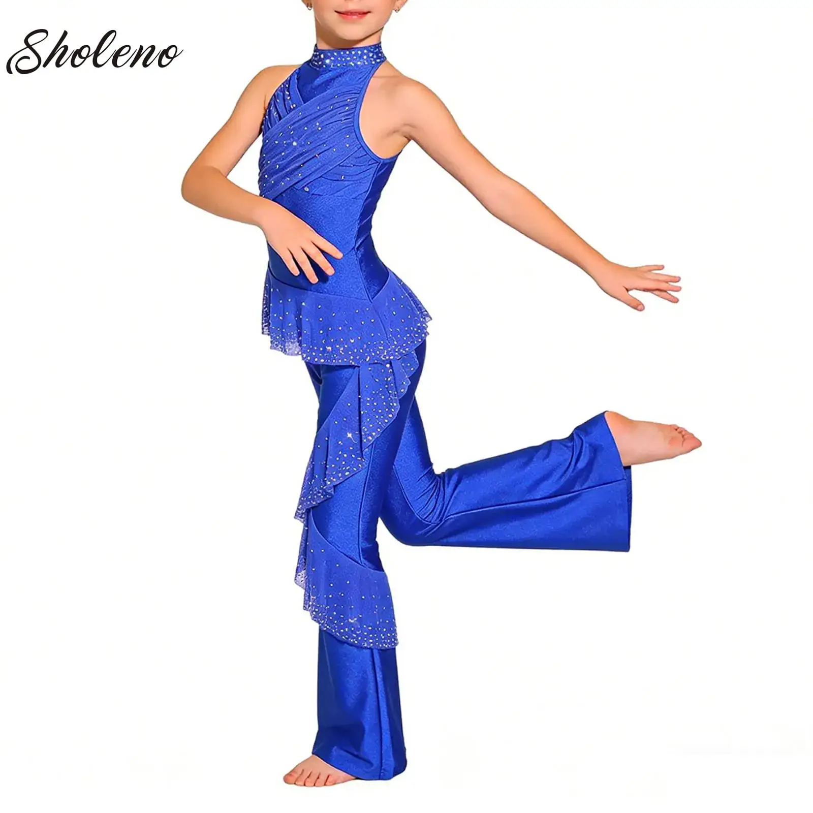 

Kids Girls Rhythmic Figure Skating Jumpsuits Dress Rhinestones Lyrical Gymnastics Ballet Dance Performance Competition Costumes