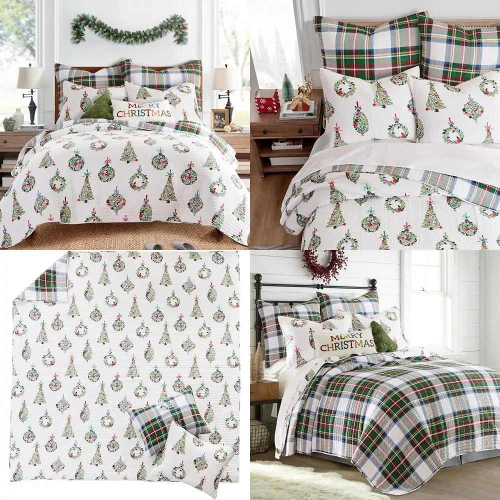 

Levtex Home Festive Baubles Quilt Set - Full/Queen Size Christmas Quilt 88x92 inches with Two Standard Shams 20x26 inches - Whit