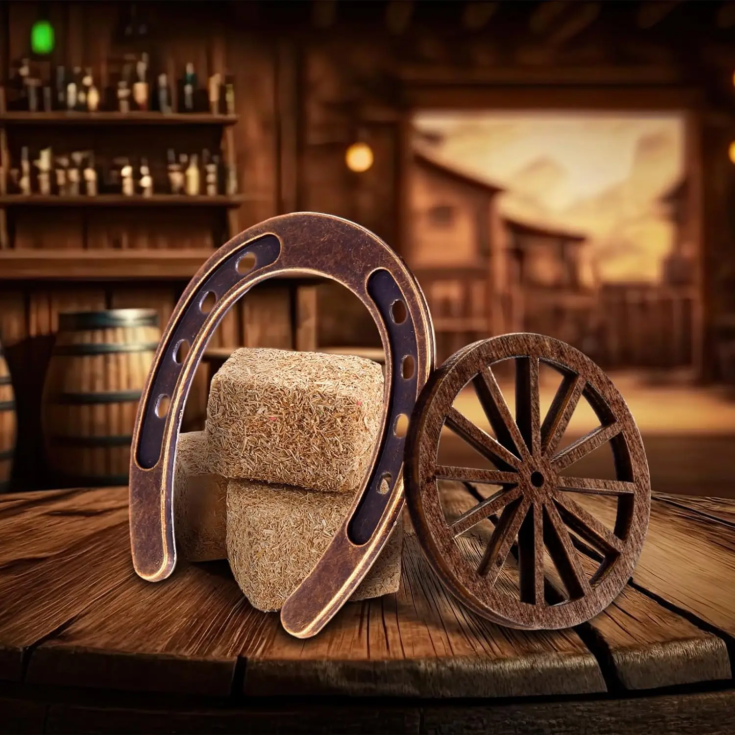 Zaopatrzenie firm zachodnich Wystrój podkowy Wagon Wheel Crafts Mini Hay Bales Vintage Table Centerpieces for Lucky Horseshoe Wedding