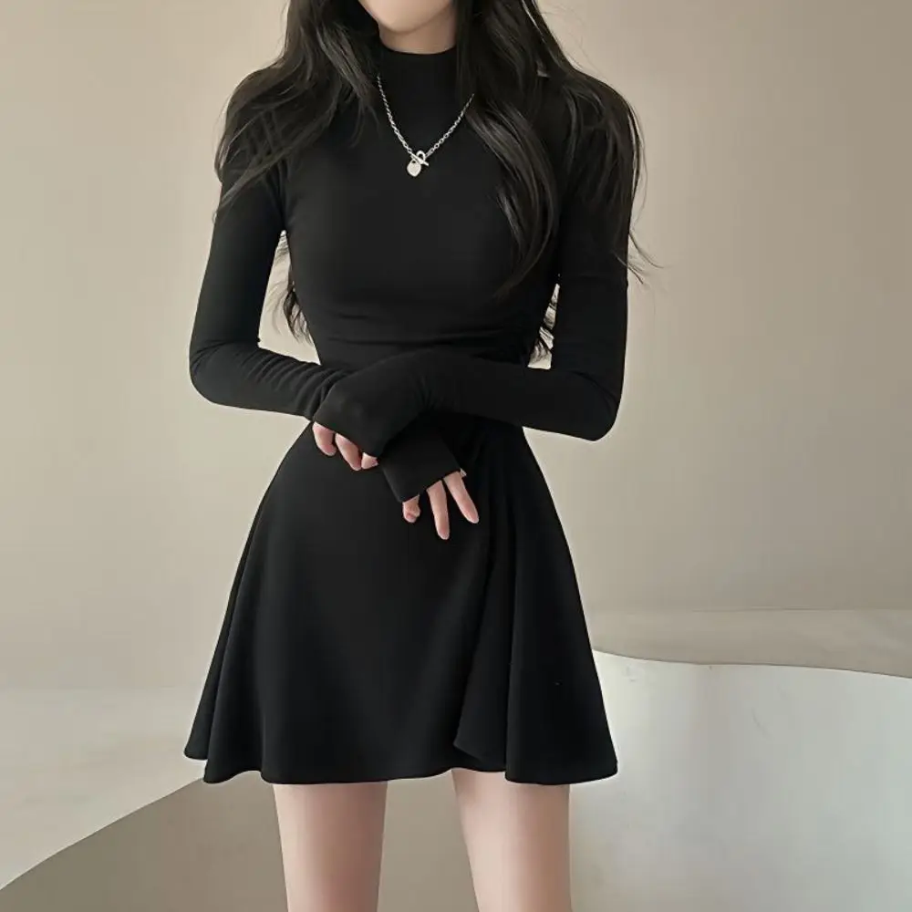 

Long Sleeved Christmas Red Dress Short Skirt A-line Girls Irregular Dress Half High Collar Pleated Slim Thin Dress Ladies/Girl