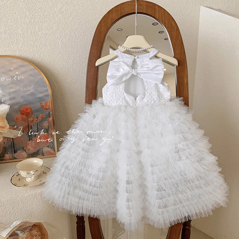 Children Girl Sleeveless Evening Dress Sequins Ruffles Princess Summer Kids Fashion Comfortable Cute Birthday Dress Solid Color