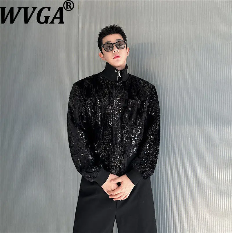 

WVGA 2026 Spring New Men Tide Trendy Stand Collar Personality Sequin Decoration Short Jackets Niche Chic Casual Coats Ins W19528