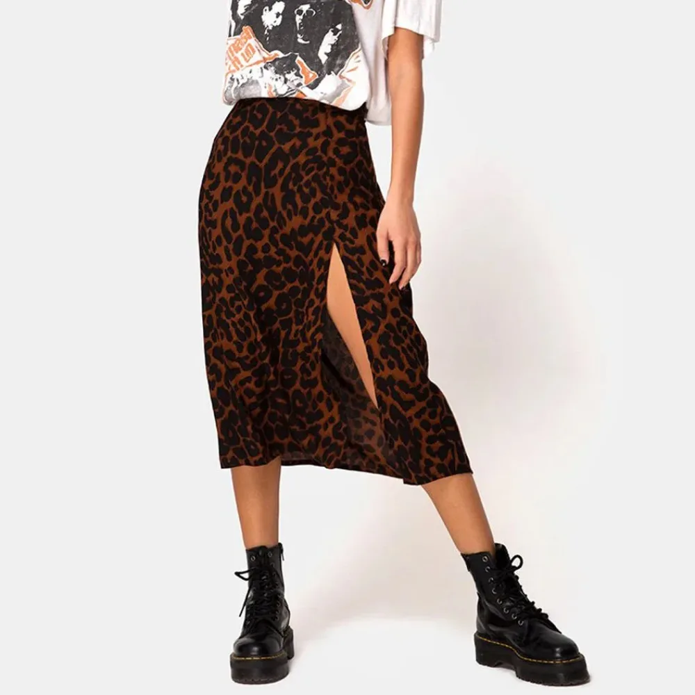 NewSummer Fashionable Slim-fitting and Height-enhancing Women's Flower Leopard Print High-waisted Elastic Slit Long A-line Skirt