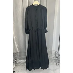 2024 new summer stand up collar long sleeved women's dress casual and elegant drawstring waist cinching single breasted dress