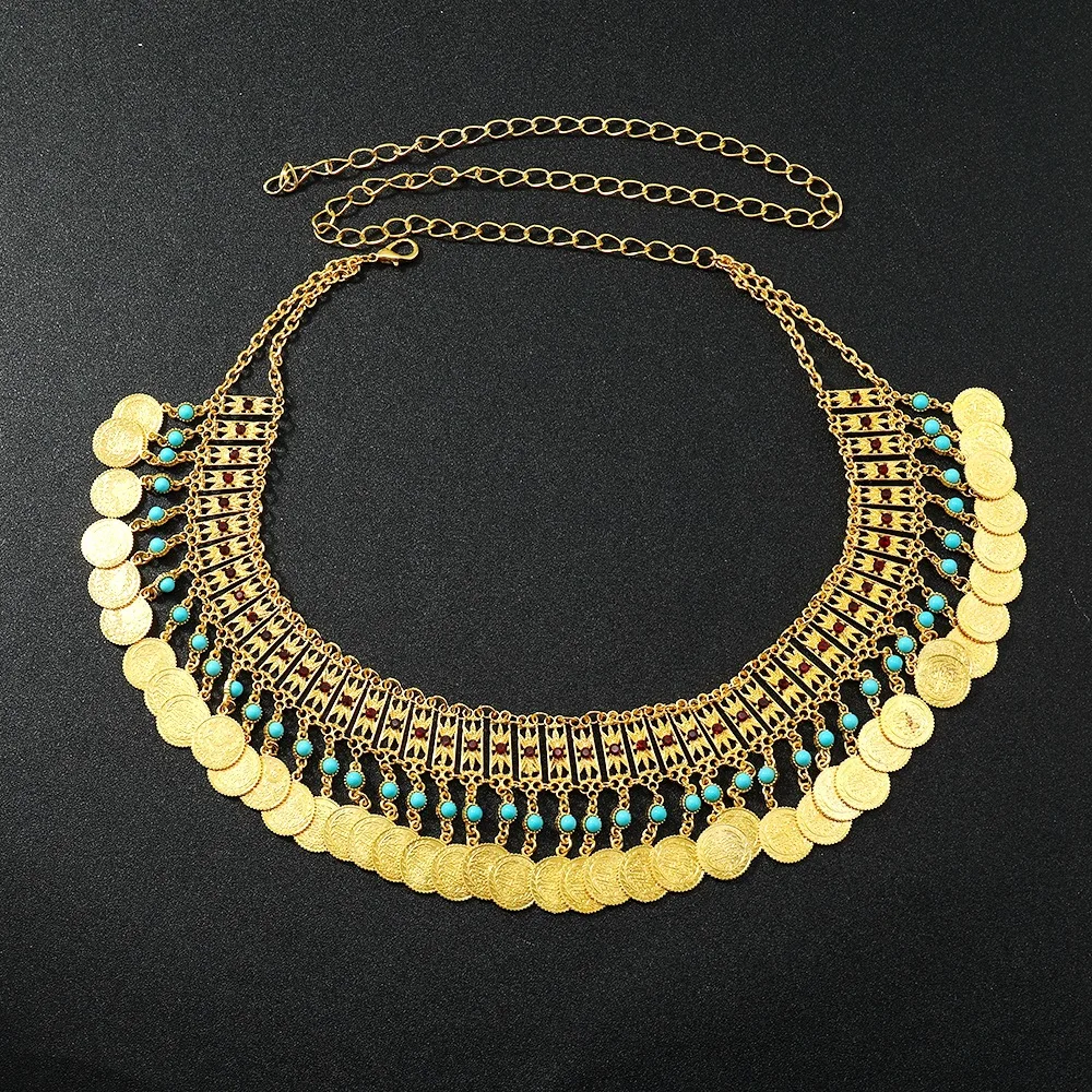 Belly Dancing Fashion Bohemian Middle Eastern Style Golden Alloy Belt with Coin Tassel Waist Chain for Lady Dance Wear Accessory