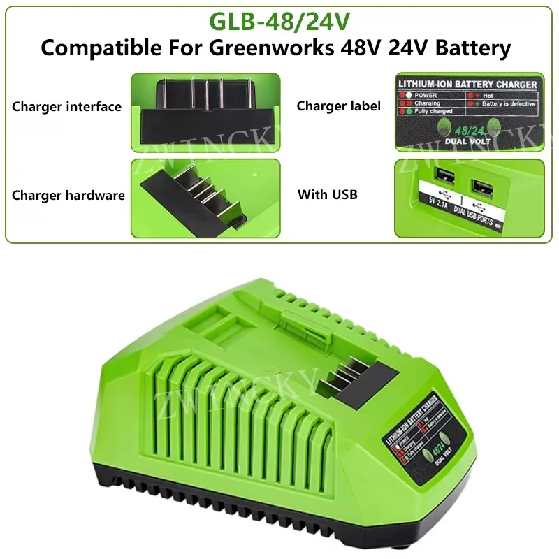 For Greenworks 48/24V Li-ion Battery Charger with USB Charging port Electric Tool Drill Saw Battery Charger