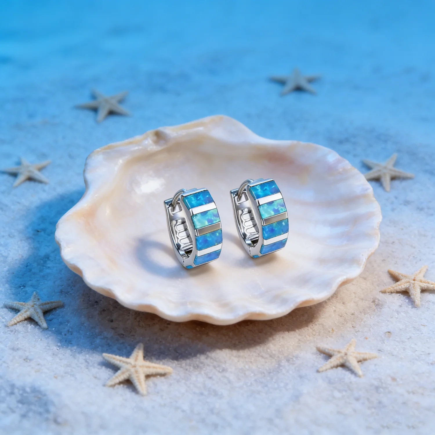New Blue Opal Stripe Earrings Unique Design Round Minimalist Fashion Jewelry for Women  Perfect for Anniversary and Couple Gifts
