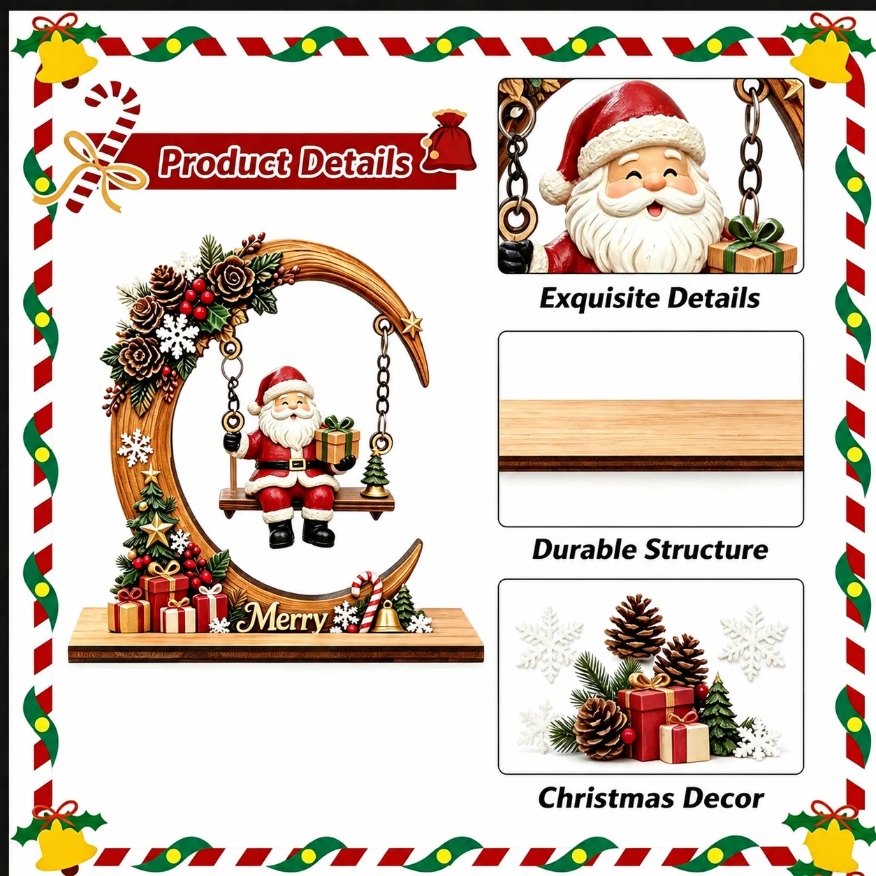 Christmas Tabletop Decoration Stable Crescent Swing Ornament Holiday Home Decor Gift Flat Edged Santa Claus Swing Ornament