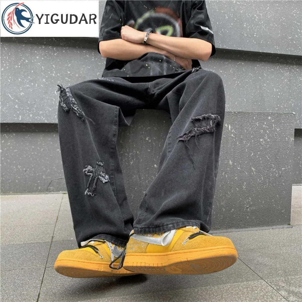 

High Street Jeans Spring Trendy Loose Straight Leg Jeans Hip Hop Wide Leg Floor Dragging Pants Men's Wear Men Trousers Jeans y2k