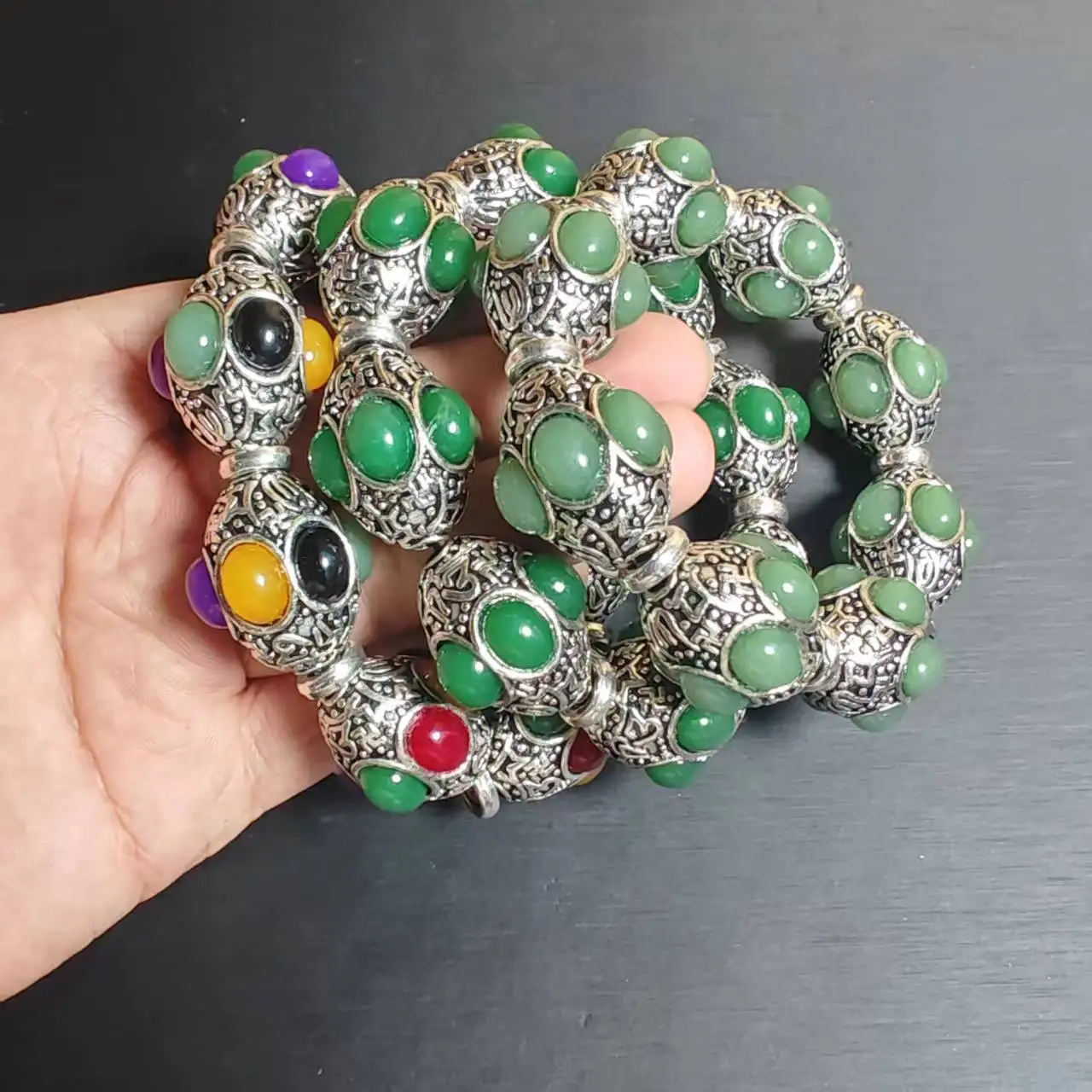 Ethnic Vintage Carved Bead Bracelet Silver Tone Alloy Inlaid Colorful Stone Boho Unisex Hand Jewelry Gift