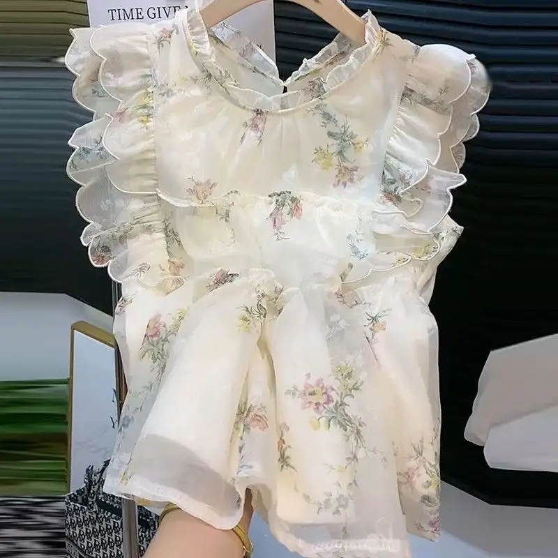 French Sweet Double-layer Ruffled Floral Shirt for Women\'s Summer New Super Fairy Lace Collar Wrinkled Small Fresh Doll Shirt