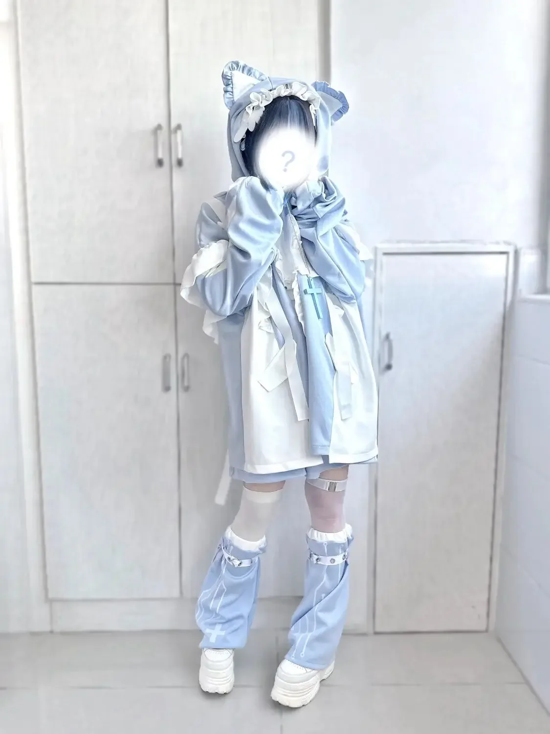 Dophee Original Subculture Japanese Sets Water Color Patchwork Ruffles Hooded Zip Cardigans Coat + Harajuku Loose Shorts Suits