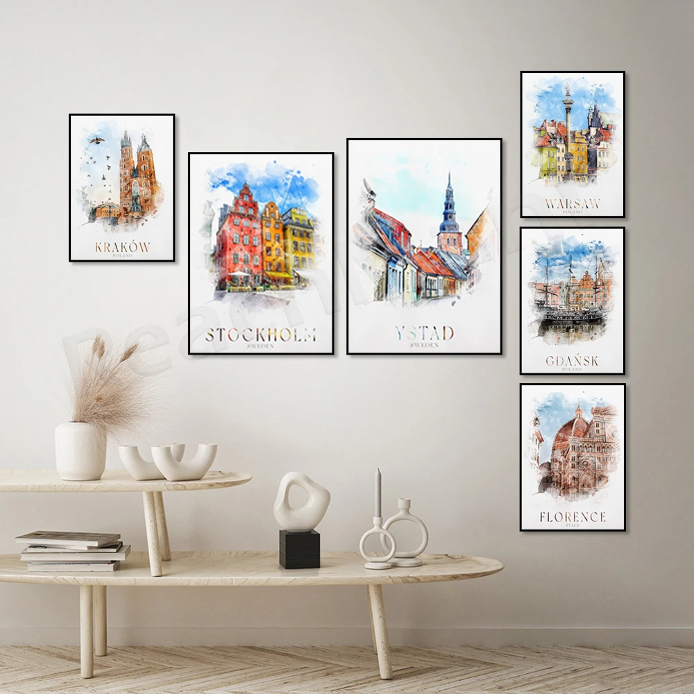 

Sweden Kiruna, Stockholm, Geneva, Ystad, Visby, Venice, Italy, Naples, Krakow, Warsaw, Florence, Turkey watercolor travel poster