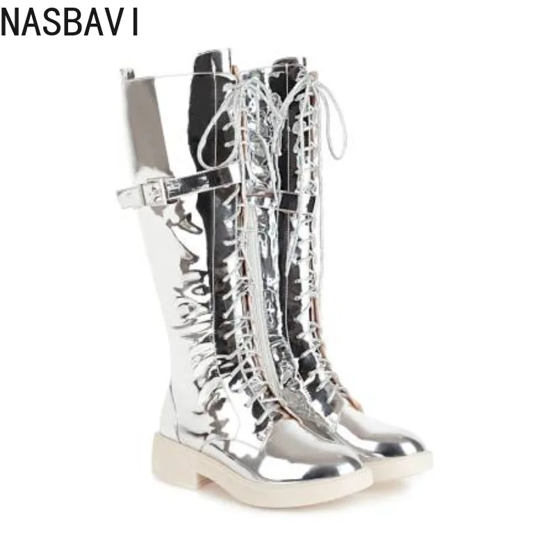 

NASBAVI New Women's Long Boots Women Autumn Round Toe Flat Bottes Woman Knee High Low Heel Casual PU Leather Winter Female Shoes