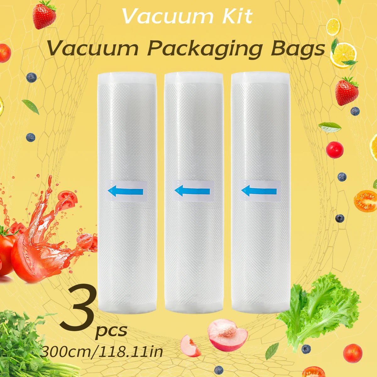 3 rolls of 3m vacuum sealed bag, free of bisphenol A, seven layer co extruded diamond grain food packaging bag