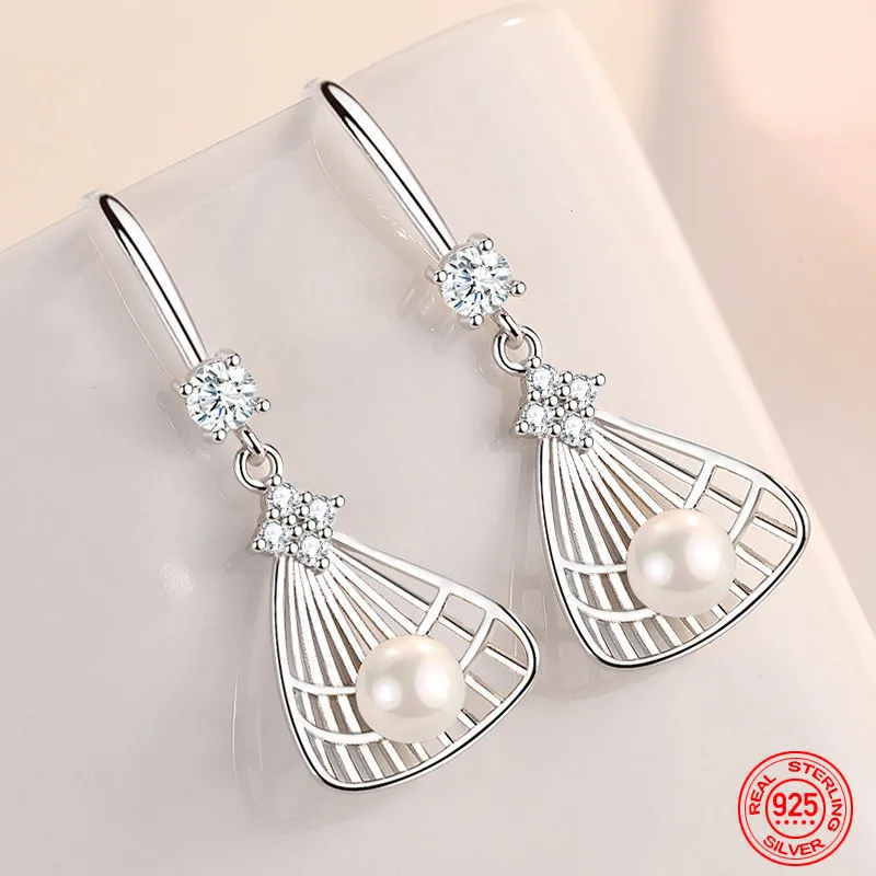 

925 Sterling Silver Fan Pearl Earrings For Women Fashion Jewelry Wedding Gift