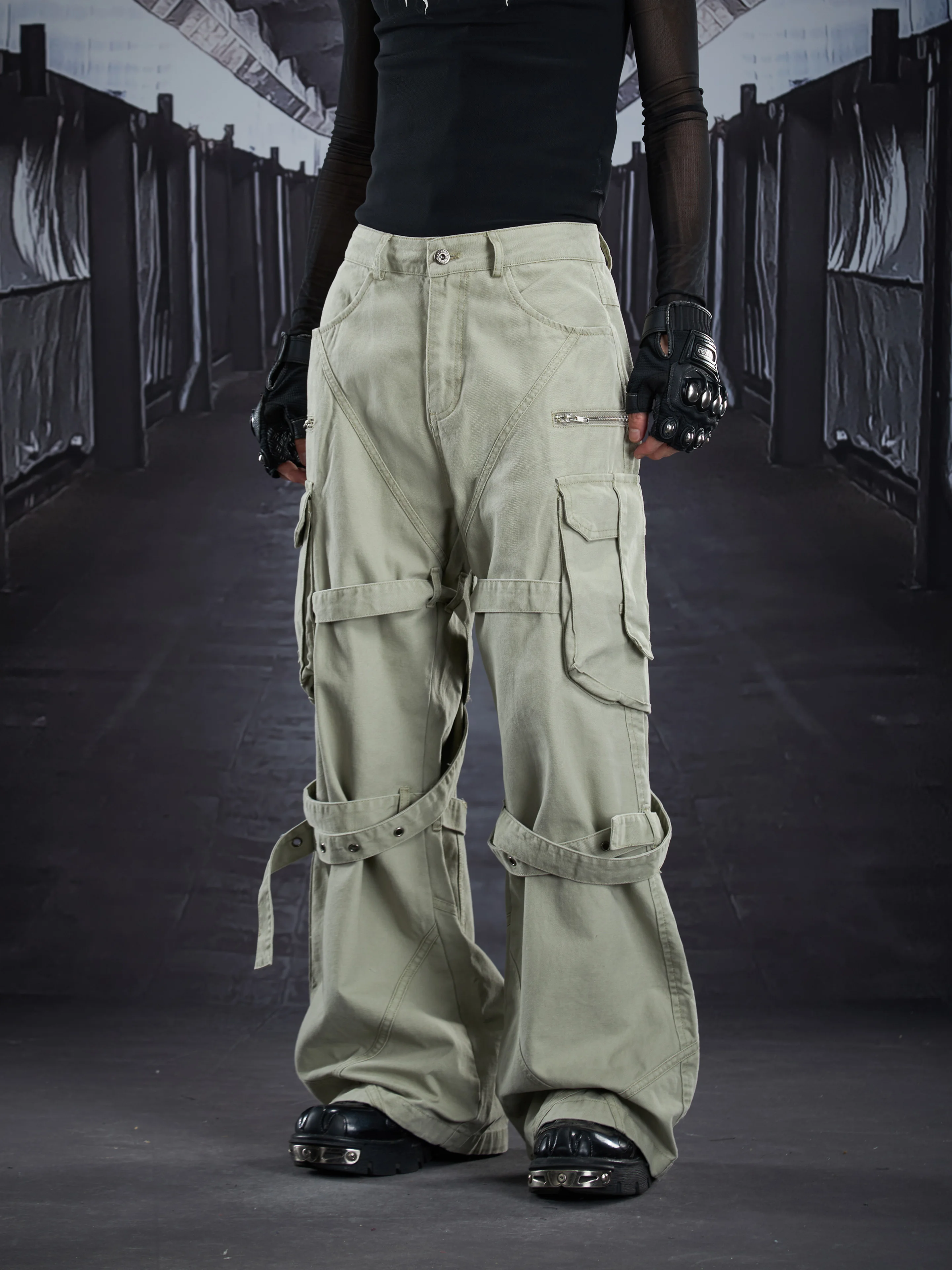 Special-Interest Design Multiple Wear Ribbon Detachable Loose Multi-Pocket Cargo Pants Casual High Street Bootcut Trousers