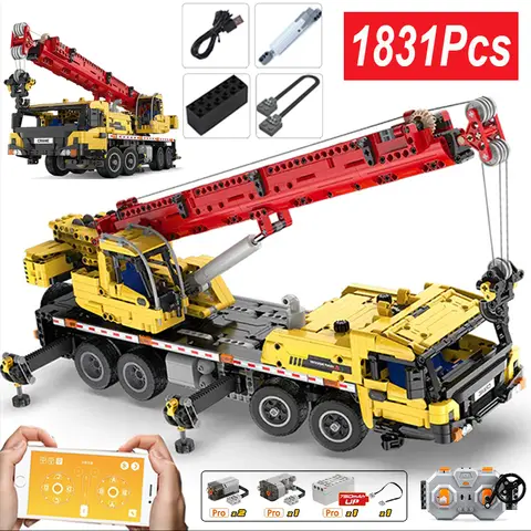 Cada cidade veículo de engenharia de controle remoto caminhão guindaste blocos de construção técnico moc rc carro tijolos brinquedos diy para crianças presentes